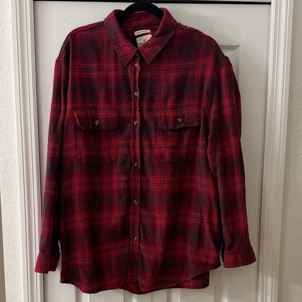 American Eagle Outfitters Destroyed Oversized Fit Red Plaid Flannel
